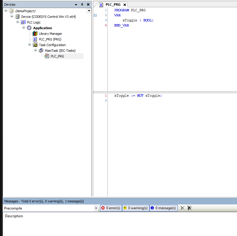 Codesys POU editor — declaration on top, implementation below