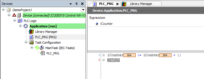 First Codesys program — ticking counter