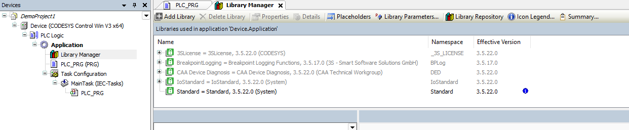 Codesys Library Manager — fresh Standard Project