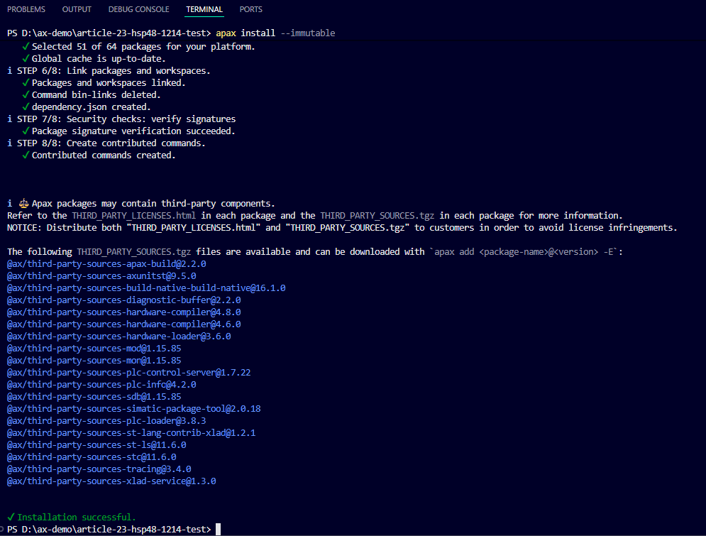 Copied SIMATIC AX test project after its locked packages were installed successfully