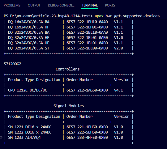 Unfiltered installed HWC device list with one S7-1200 G2 controller row for CPU 1212C