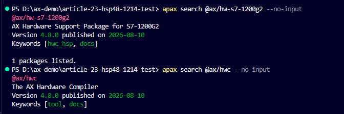 Siemens AX registry searches showing standalone HSP 4.8 and HWC 4.8 packages