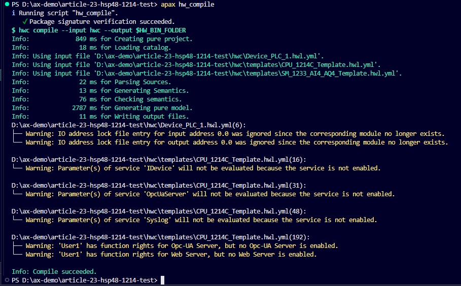 Final HWC run showing three intended inputs, nonfatal warnings, and Compile succeeded