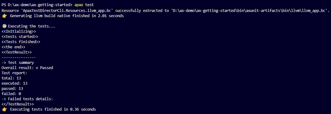 Terminal output: apax build reports “Compile finished with 0 error(s)” and apax test reports “passed: 13 failed: 0”.