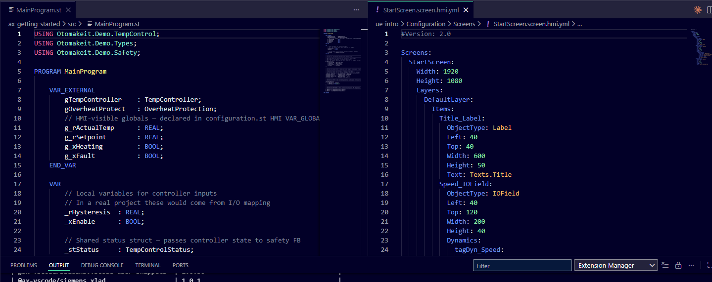 AX Code Explorer panel with the AX PLC project on top and the WinCC UE HMI project below — both open in the same window.