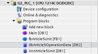 Figure 1. TIA Portal V21 Program blocks tree showing Main [OB1], classArticle5Unit [FB1], the global DB dbArticle5OperationData [DB2], and the instance DB instArticle5Unit [DB1].
