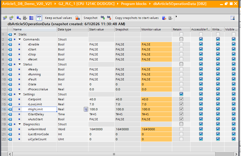 Figure 3. TIA Portal V21 DB view showing start values, snapshot values, and monitor values side by side after copying actual values into the snapshot workflow.