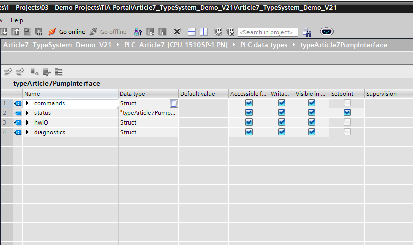 Figure 2. TIA Portal V21 UDT editor for typeArticle7PumpInterface, showing the top-level commands, status, hwIO, and diagnostics members.