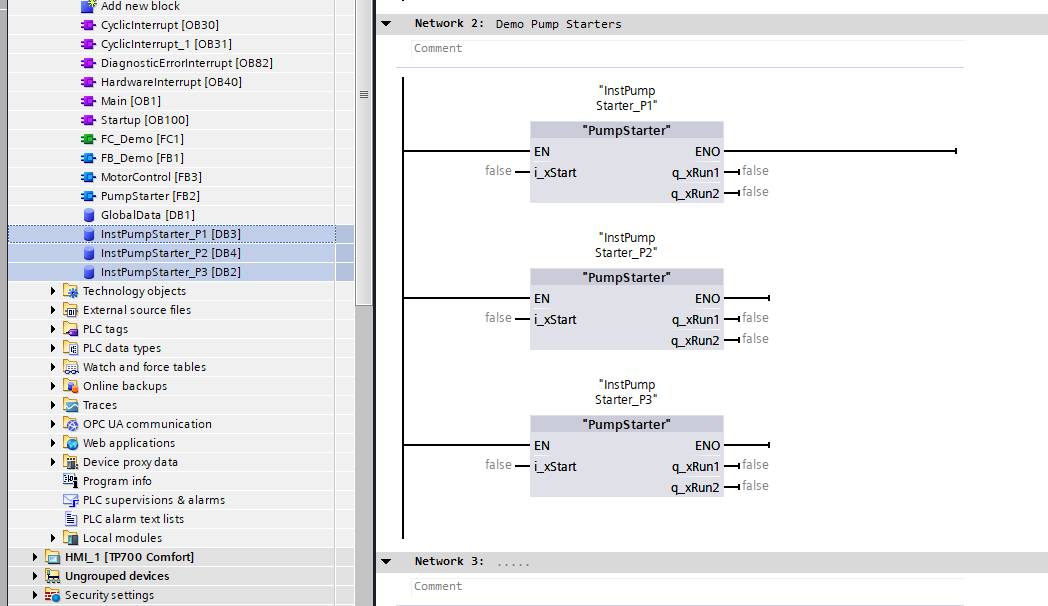 Three instances of the same pump-starter FB in the TIA Portal project tree — captured on an S7-1200 G2 project