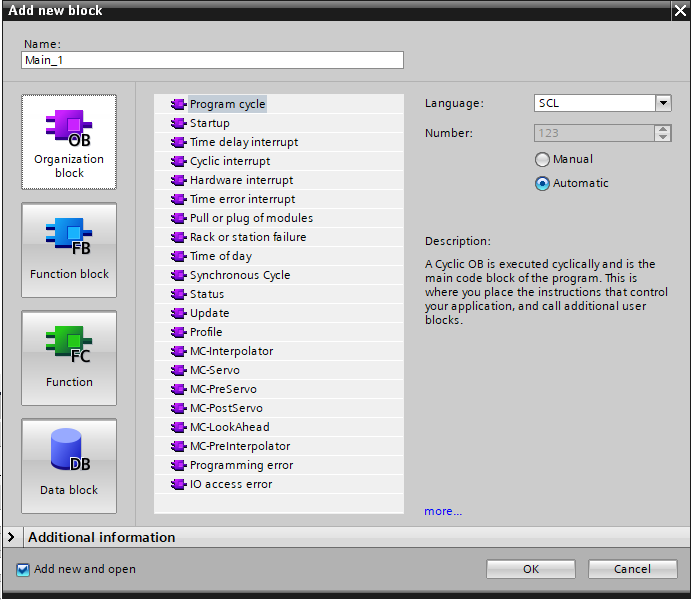 Program blocks folder in TIA Portal with OB1, OB100, and a cyclic interrupt OB visible